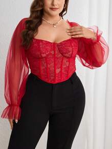 SHEIN Privé Top Elegante De Manga Larga De Encaje De Malla Para Mujer De Talla Grande