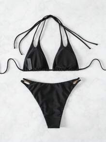 SHEIN Swim Summer Beach Women's Halter Neck Strap Bikini Set - Black - View 4