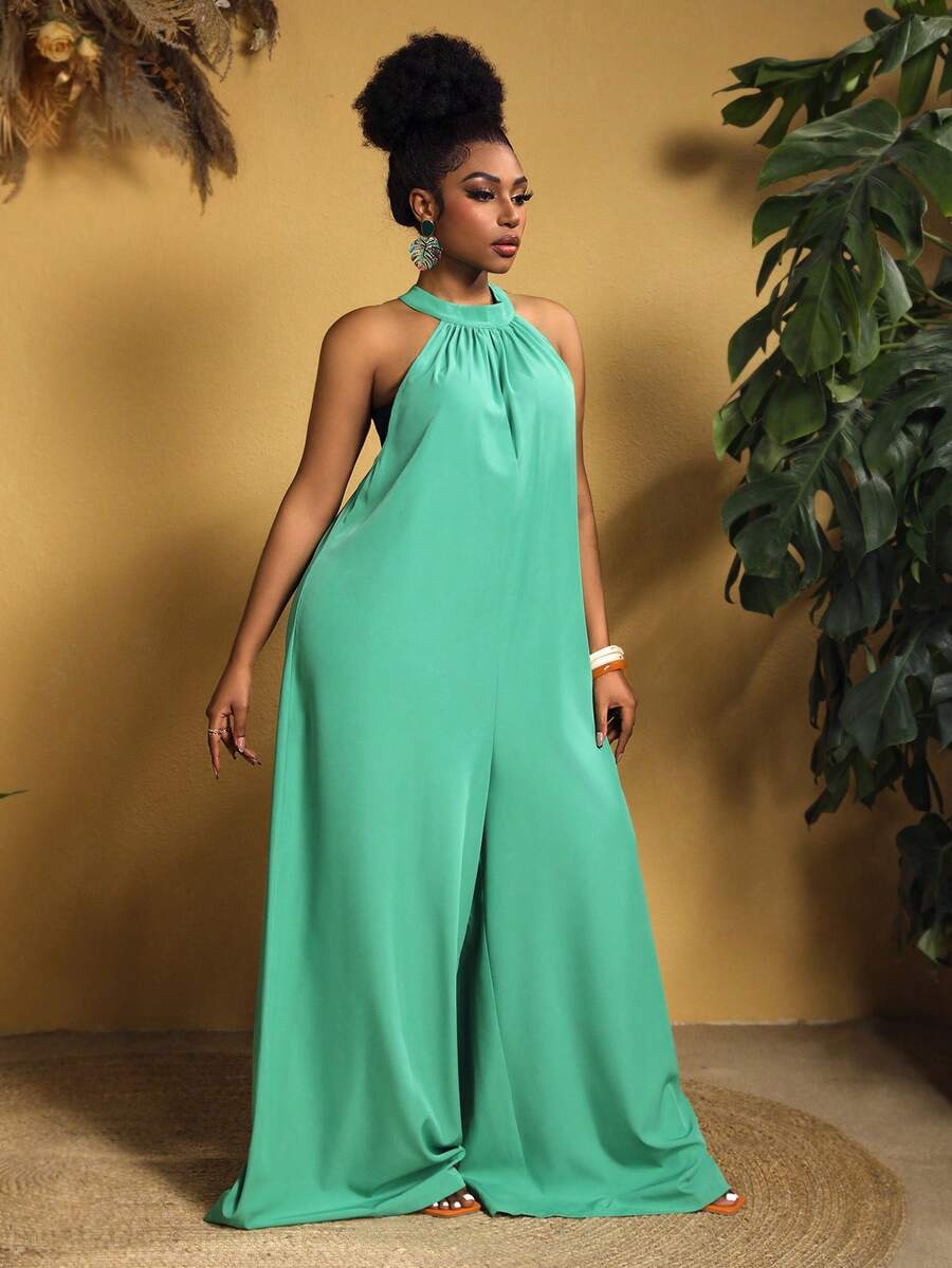 SHEIN Slayr Plus Size Women's Solid Color Halter Neck Wide Leg Jumpsuit