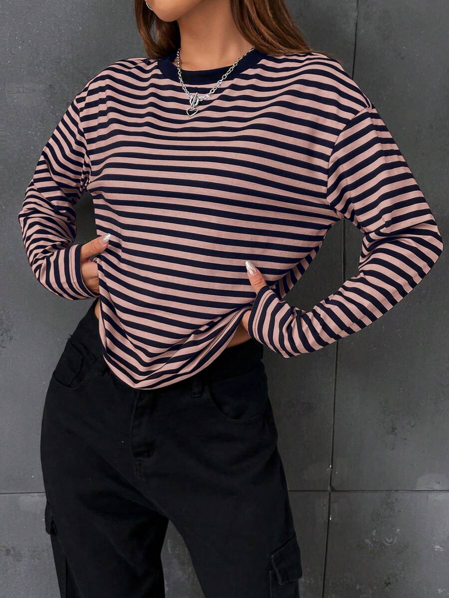 SHEIN EZwear Striped Knitted T-Shirt - Multicolor - View 1