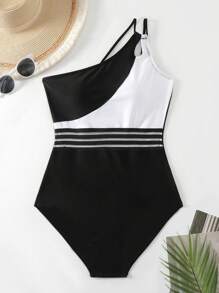 SHEIN Swim Traje De Baño De Una Pieza Con Bloques De Color Asimétrico - Blanco y Negro - Ver 4