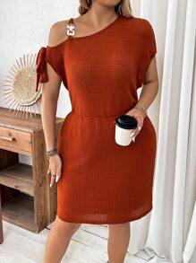 Calvaya Plus Size Solid Color Textured Dress With Metal Decoration And Asymmetric Collar - Rust Brown - View 1