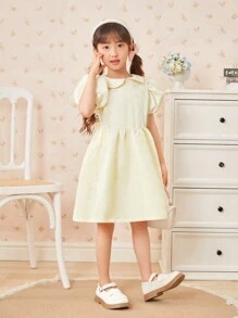SHEIN Young Girl Solid Color Puff Sleeve Dress - Apricot - View 4