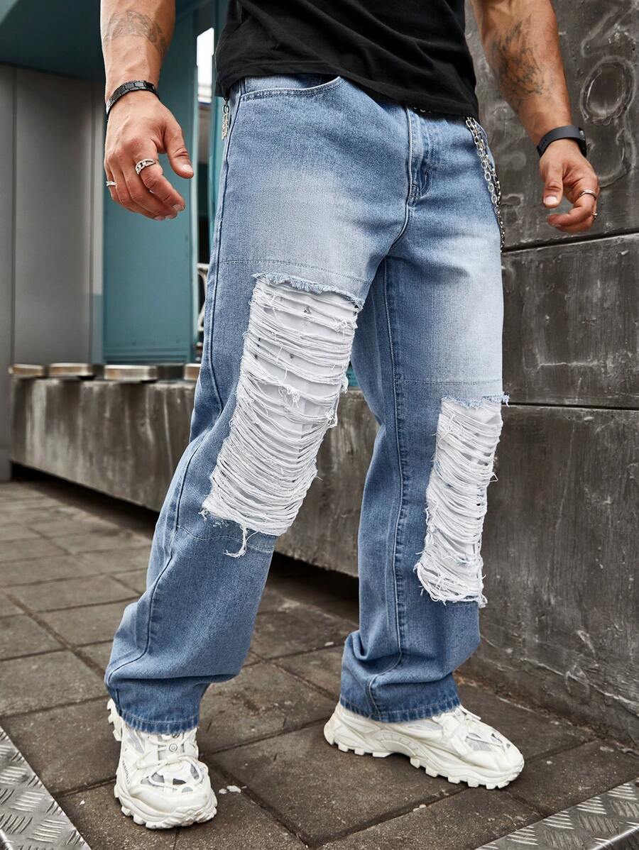 SHEIN Manfinity Homme Men's Casual Distressed Denim Jeans - Blue - View 1