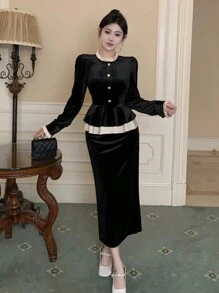 DAZY 女式泡泡袖上衣和裙子套装，带荷叶边细节，女式两件套，秋季女装 - 黑色 - 查看 4