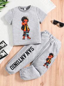 SHEIN 幼兒男孩可愛舒適卡通人物圖案短袖上衣針織翻邊長褲套裝 - 灰色 - 查看 1