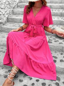 SHEIN VCAY 女性v領荷葉邊短袖連衣裙 - 粉色 - 查看 1