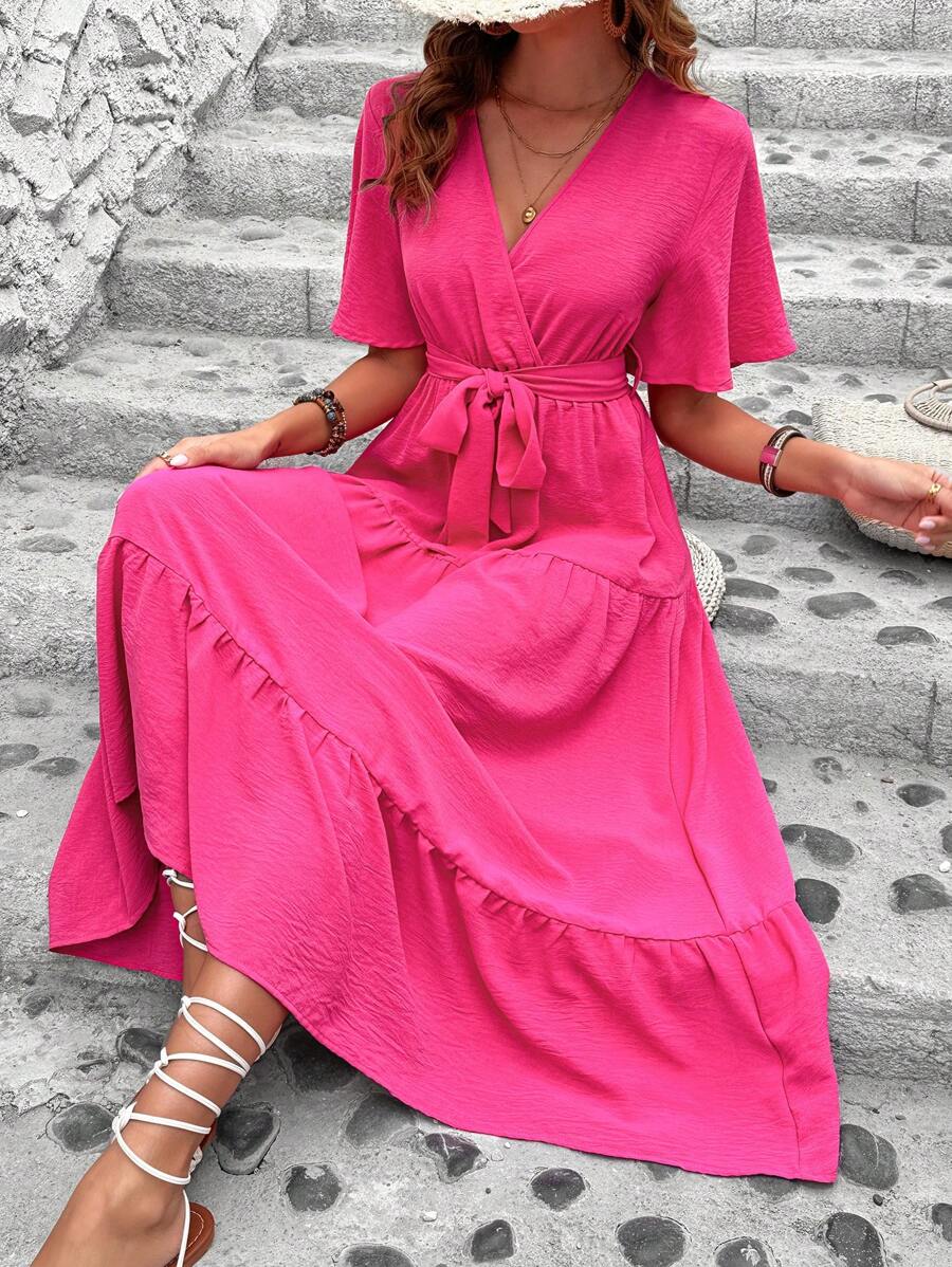 SHEIN VCAY 女性v領荷葉邊短袖連衣裙 - 粉色 - 查看 1
