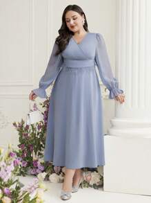 Modelyn Đầm dạ hội dài tay đèn lồng màu trơn cỡ lớn cổ chữ V thường ngày - Màu xanh lam - Xem 4