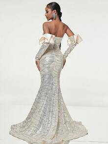 See Through Mesh & Sequined Fitted Mermaid Evening Dress With Sleeve Cover - Apricot - View 2