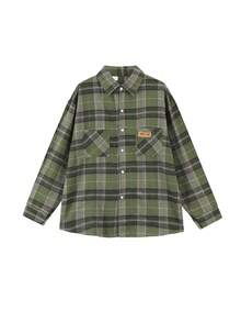 女士格子落肩长袖衬衫，休闲春季长袖上衣 - 綠色 - 查看 3