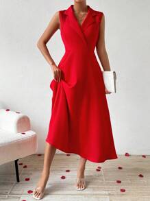 Chiquease Đầm Maxi Không Tay Phối Màu Cổ Tròn Cho Nữ Quần Áo Năm Mới - Đỏ - Xem 4