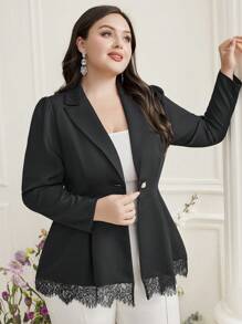 Modelyn Women's Plus Size Long Sleeve Houndstooth Notch Lapel Blazer - Black - View 7