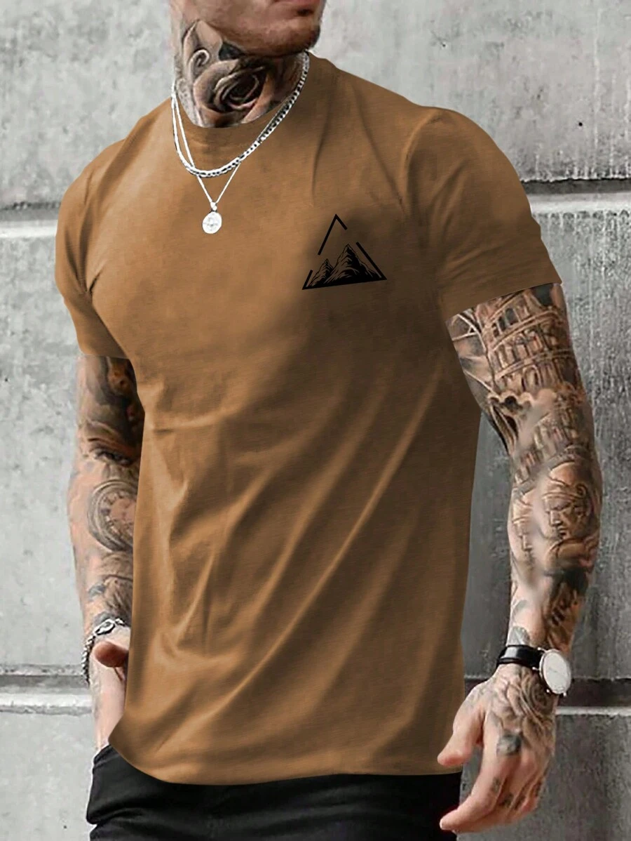 Manfinity Homme 男士 Mountain 图案印花短袖 T 恤,休闲款,适合朋友 - 棕色 - 查看 1