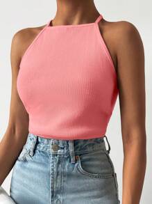 EURMUSE Solid Lace Up Backless Crop Cami Top - Hồng - Xem 4