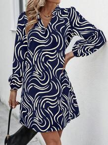 Chiquease Casual Lantern Sleeve Printed Dress Fall Cloth For Women - Royal Blue - View 3