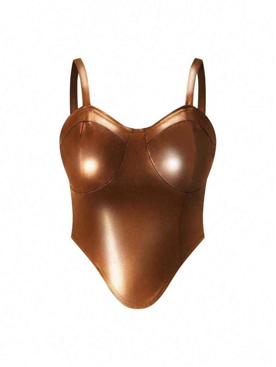 SHEIN ICON 大尺碼女性內搭背心上衣,不對稱下擺款式 - 棕色 - 查看 1