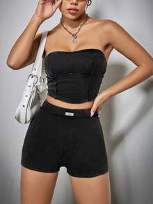 SHEIN EZwear 女士無肩帶上衣和短褲套裝 - 灰色 - 查看 5