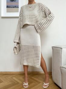 EURMUSE Solid Color Hollow Out Sweater 2pcs/Set - Beige - View 4