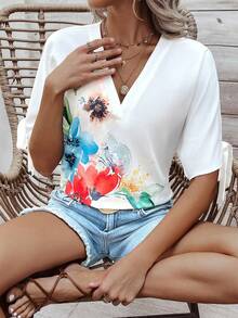 SHEIN LUNE 女士花卉圖案 V 領襯衫 - 白色 - 查看 7