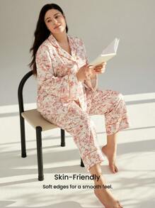 LUVLETTE Autumn And Winter Women Plus Floral Satin Long Women Pajama Set Lounge Set Fall Pajamas - Orange - View 8