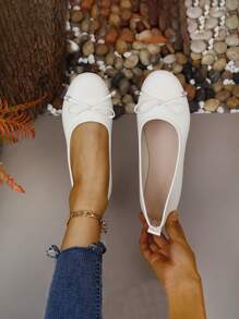 Của phụ nữ Chóp giầy tròn Da bằng sáng chế Giày phẳng Với Bowknot Đồ trang trí Và Đế mềm - trắng - Xem 4