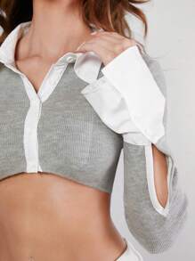 Hauture Contrast Button Crop Ribbed Knit Top