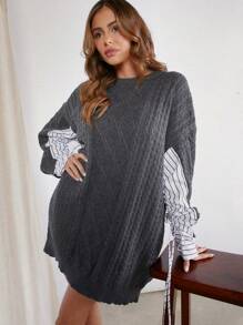 Hauture Women Shirt Combo Oversized Sweater Dress - Multicolor - View 1