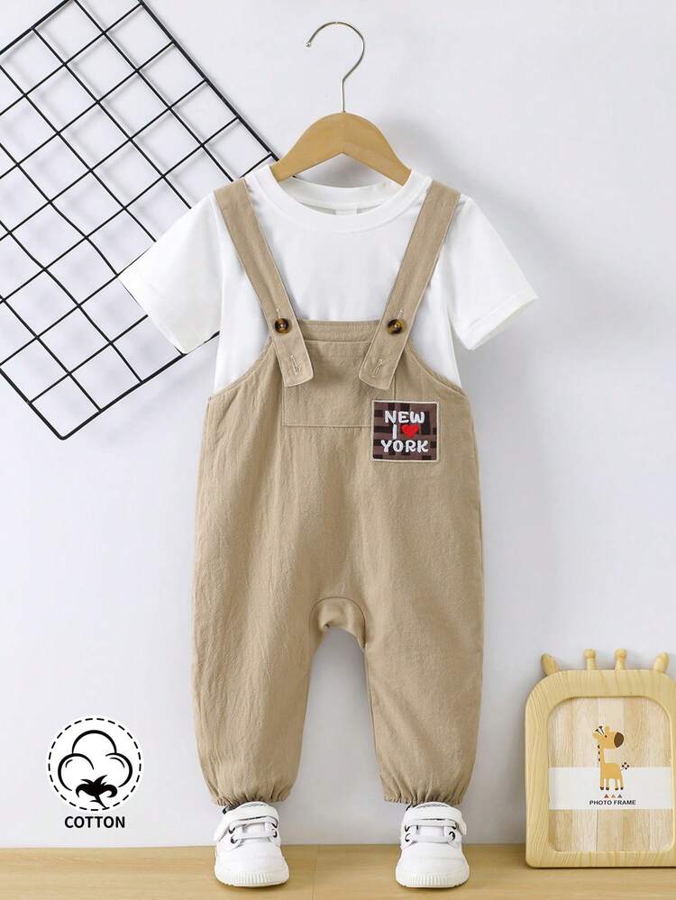 Baby Boys' Casual Workwear Style Overall With Embroidered Patch And Detachable Suspenders