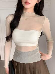 DAZY Women's Stand Collar Mesh Long Sleeve Top - White - View 6