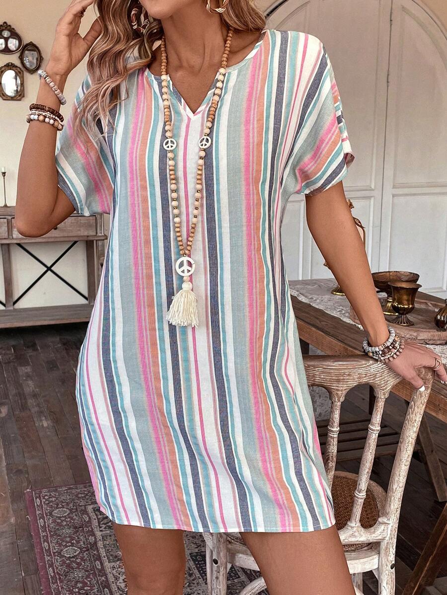 EMERY ROSE Women's Colorful Striped Notched Neck Dress