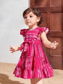 SHEIN Robe courte à ceinture décontractée pour bébé fille à motifs géométriques et manches courtes pour les vacances