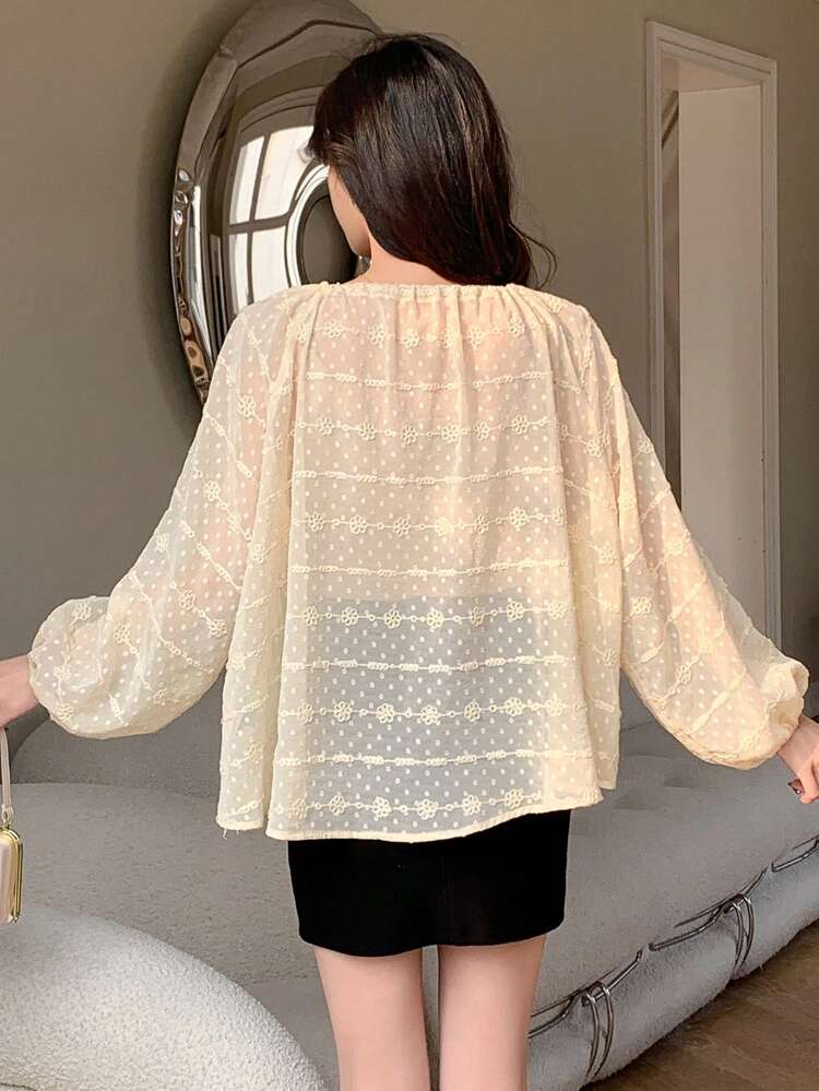 Ladies' Textured Loose Fit Tie Sleeve Long Sleeve Blouse