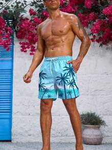 Manfinity Heren strandshorts met kokosnootboom- en oceaanlandschap, bedrukt met grafische print, voor strand, vakantie en Hawaii
