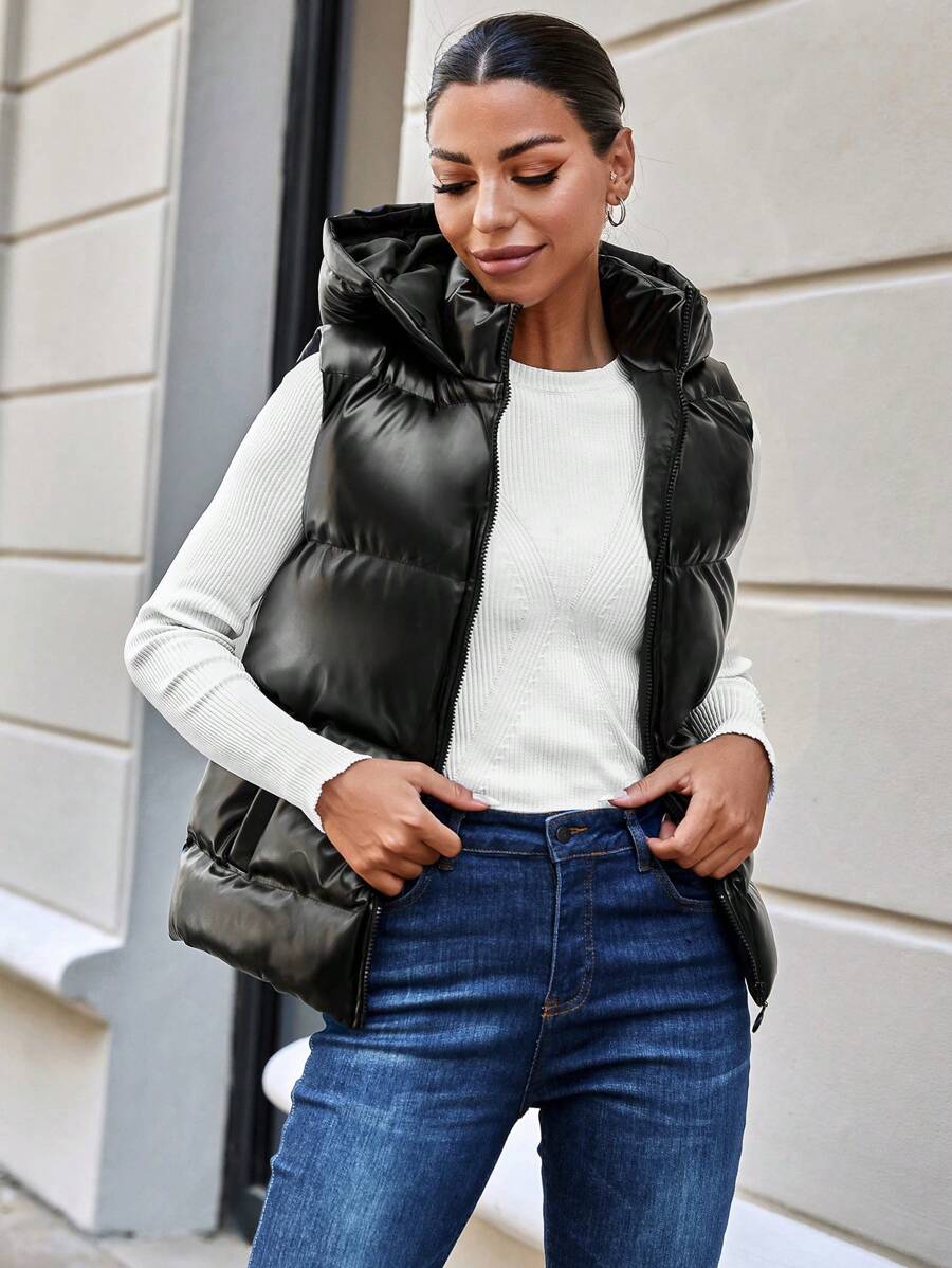 RueChic Zip Up Hooded Puffer Vest Coat - Black - View 1