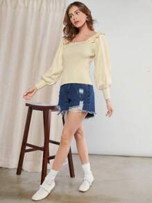 Hauture Solid Elegant Frill Ruffle Lantern Sleeve Sweater