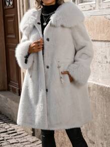 SHEIN Essnce 2023 年新款女式常规版型夹棉大衣，简约、保暖、时尚 - 白色 - 查看 3