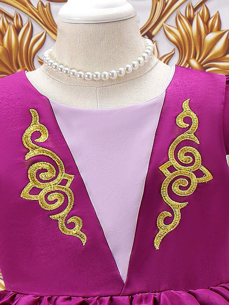 Young Girl Multi-Layer Mesh Ruffle Hem Short Puff Sleeve A-Line Dress