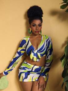 Slaydiva 大码女士节日三件套：镂空全印花前系带长袖短款上衣和紧身迷你裙