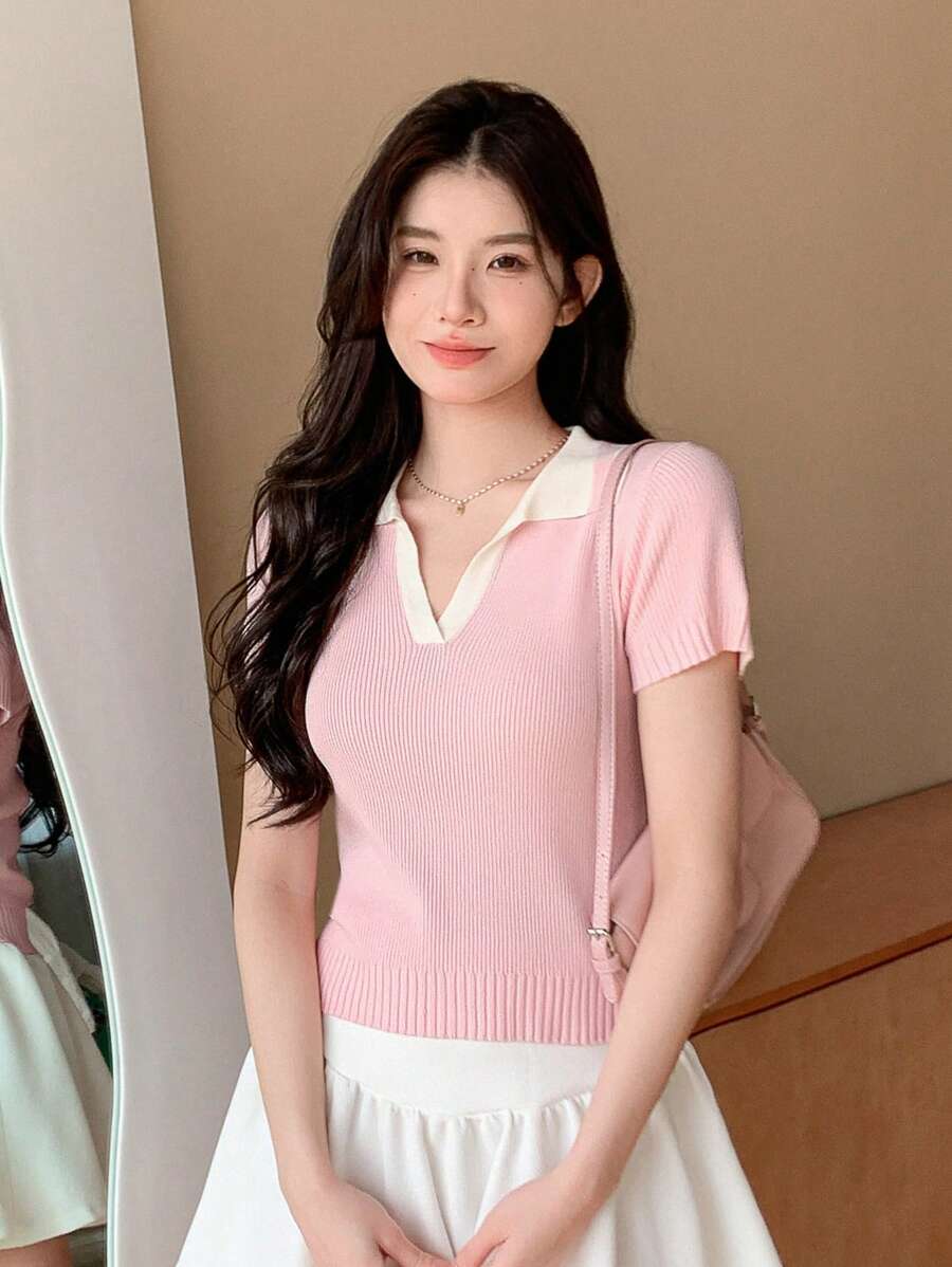 DAZY Women's Contrast Color Turn-Down Collar Short Sleeve Knitted Top,Fall Clothes,Back To School Clothes - Pink - View 1