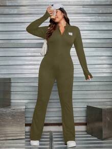 SHEIN EZwear Dệt kim Của phụ nữ Vá chữ cái Tay áo dài Áo liền quần - xanh quân đội - Xem 1