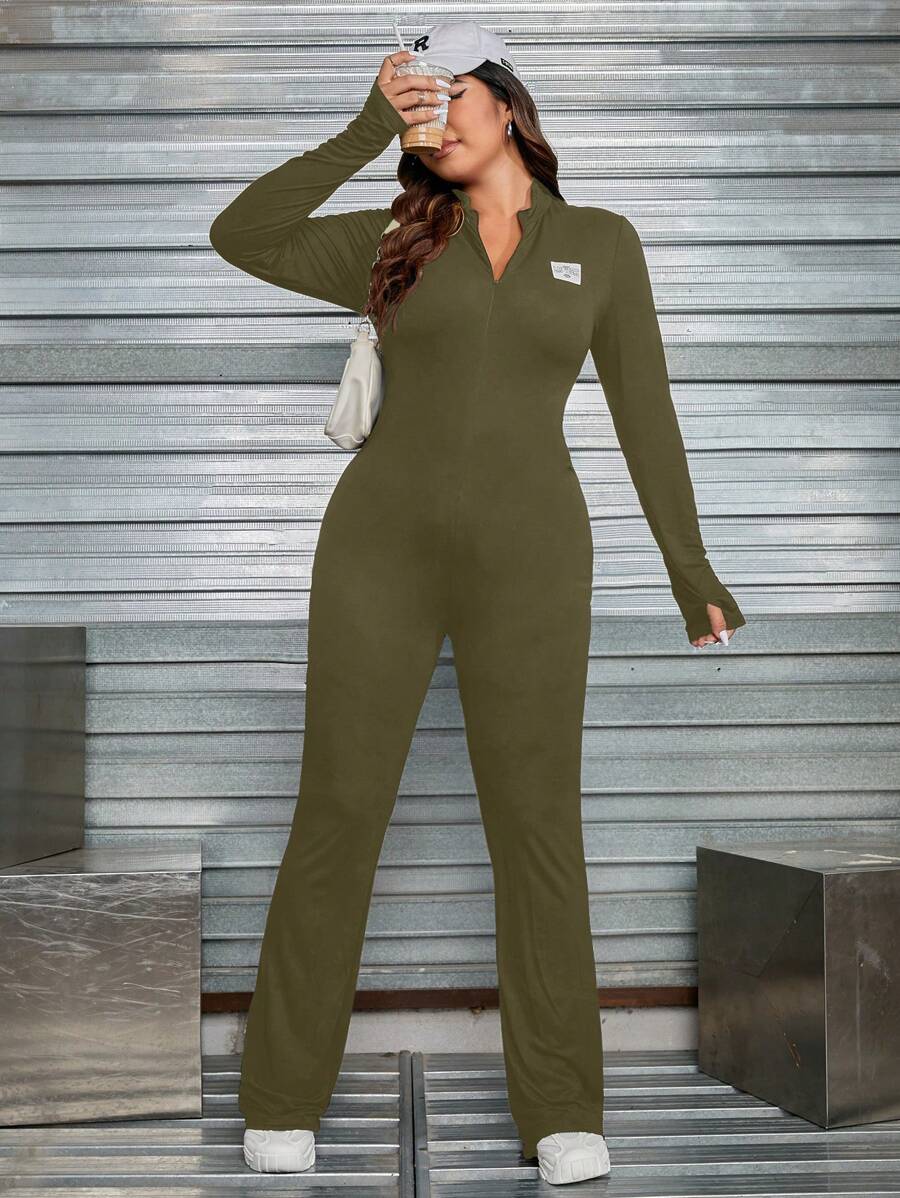 SHEIN EZwear Dệt kim Của phụ nữ Vá chữ cái Tay áo dài Áo liền quần - xanh quân đội - Xem 1