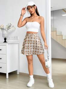 SHEIN Unity 女士格子扣式a字短裙 - 卡其色 - 查看 6