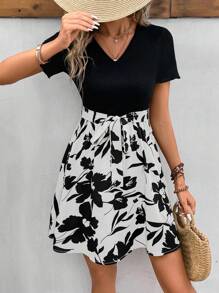 SHEIN Frenchy Vestido Con Cinturón De Manga Corta Y Estampado Floral