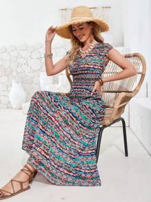 GENKIRA Vintage Printed Short Sleeve Women's Dress - Multicolor - View 3