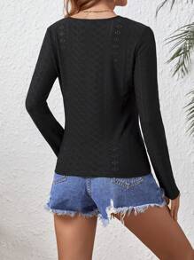 SHEIN VCAY Của phụ nữ Màu thuần Xu hướng: Cắt giảm Thêu Chi tiết Nút Áo thun - màu đen - Xem 2