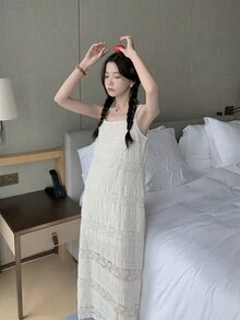 復古蕾絲肩帶連衣裙 - 米色 - 查看 4