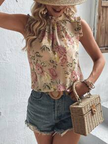 Breezaya Floral Print Keyhole Back Sleeveless Blouse - Apricot - View 5