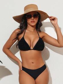 SHEIN Swim 夏季女士纯色 3d 花朵泳衣套装 - 黑色 - 查看 7