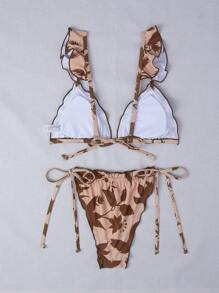 SHEIN Swim Set de bikini cu imprimeu aleatoriu, cu garnitură cu volane de vară - Multicolor - Vizualizare 7